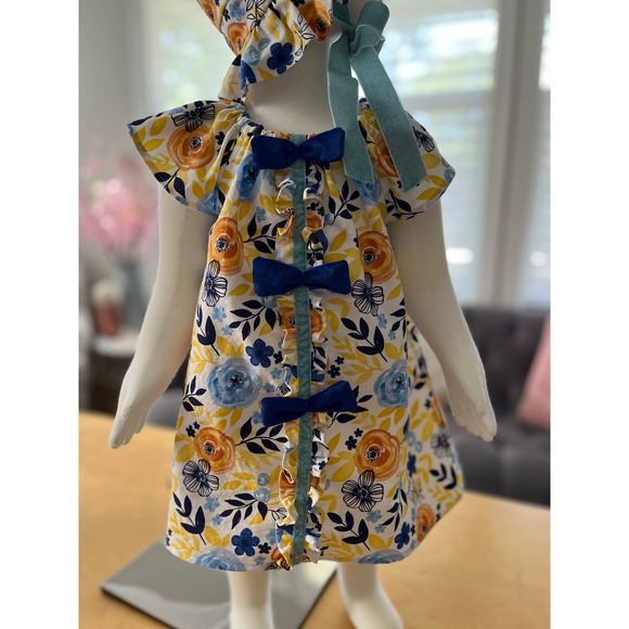 Handmade Toddler Dress Set Blue Velvet Bonnet 12-18 months Velvet Bows - Picture 1 of 10